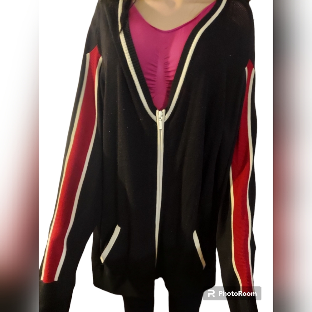 I.N.C Brand Discontinued Black, White and Red Zip Up Cardigan Sweater. 🥰